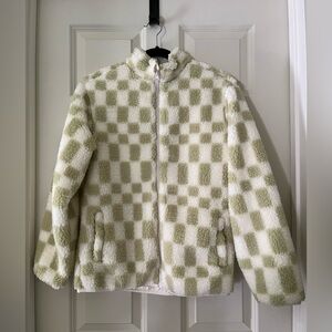 Girl’s Cat & Jack green/cream checkered plaid faux Sherpa  fleece jacket XL
